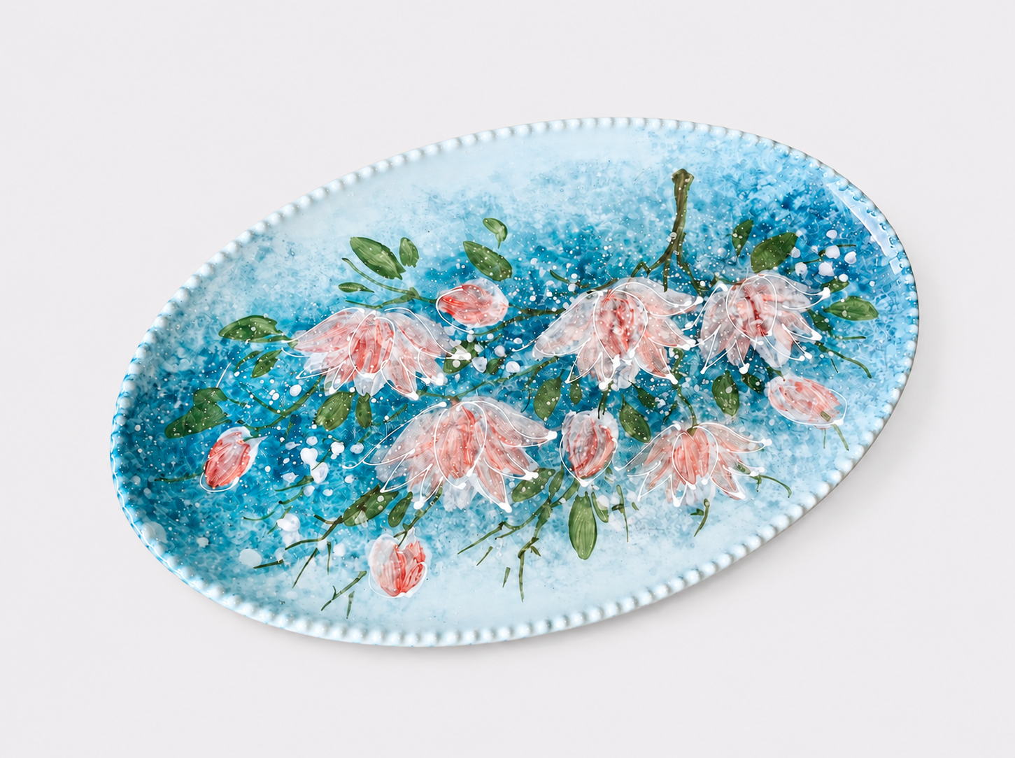 Hand-Painted Blue Floral Oval Ceramic Plate–24cm Serving Platter for Desserts & Snacks